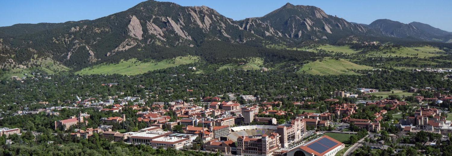 Aerial shot of campus and the flatirons