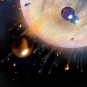 从太空中看到的金星的插图，彩色的球体在周围飞行